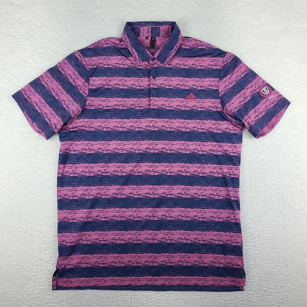 Adidas Polo Shirt Men Large Blue Purple Striped Geometric Performance Breathable